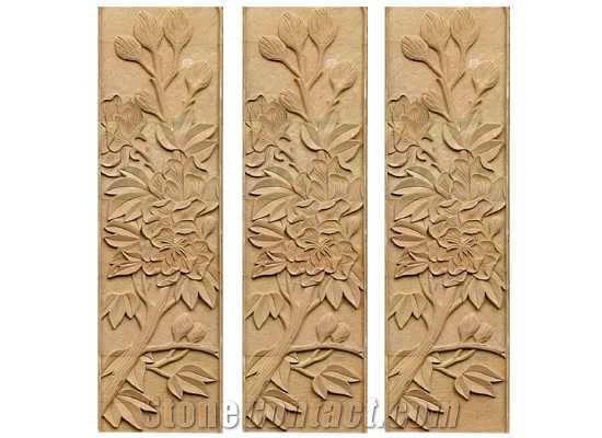 Wellest Yellow Sandstone Carved Relief, Flower Embossment, Stone Etching,Decorative Artifacts&Handcrafts,Bc019