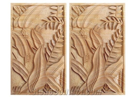 Wellest Yellow Wood Beige Sandstone Carved Relief, Flower Embossment, Stone Etching,Decorative Artifacts & Handcrafts,Bc009