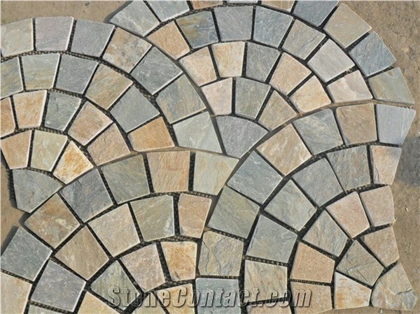 Wellest Yellow Wood Beige Slate Fan Shape Paving，Meshed Stone