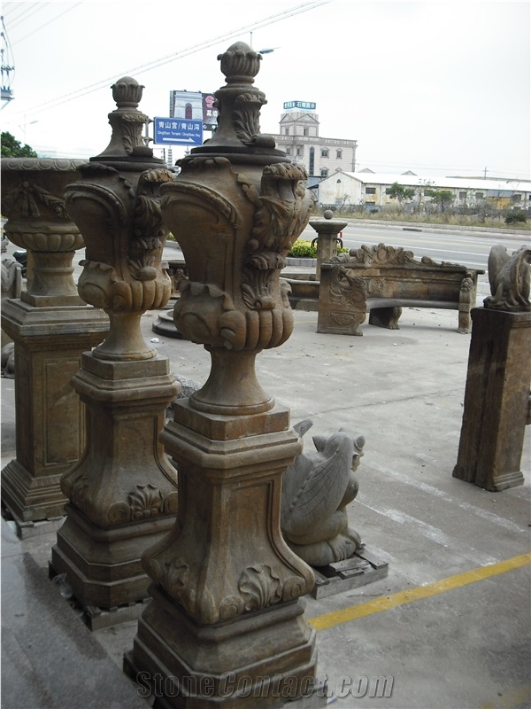 archaistic flower pots, archaistic sculptured planter pots, exterior flower pots