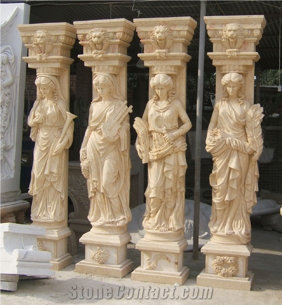 Beige Travertine Columns,Roman Columns & Pillars,Human Figures Hand-Carved Columns