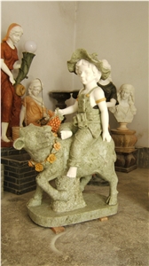 children with animals sculptures,green marble sculptures