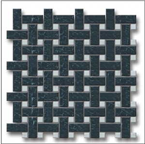 Dark Green Marble Linear and White Marble Brick Mosaic, Basketweave Mosaic