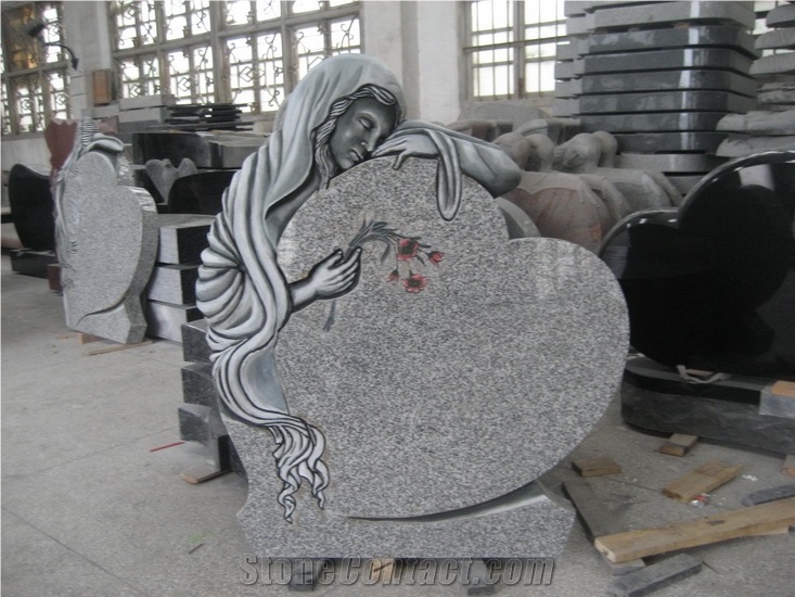 European Style Tombstone, G654 Granite Headstone, Angle Hold the Heart