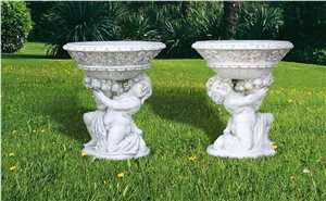 Grey Granite Flower Pot with Child Statue