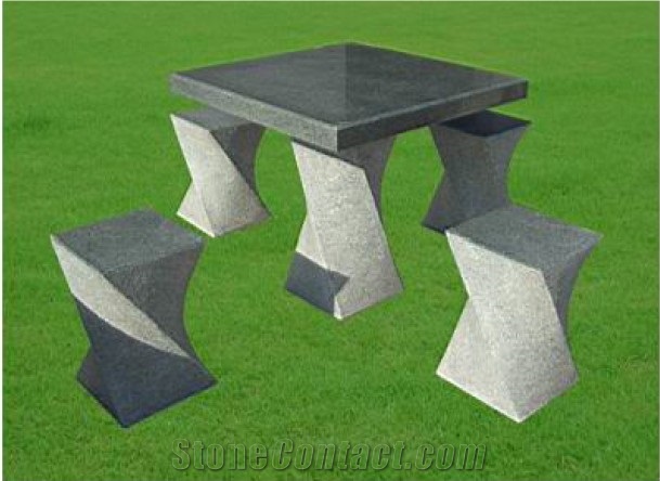 Landscape Garden Stone Table & Bench, Dark Grey Granite Tables