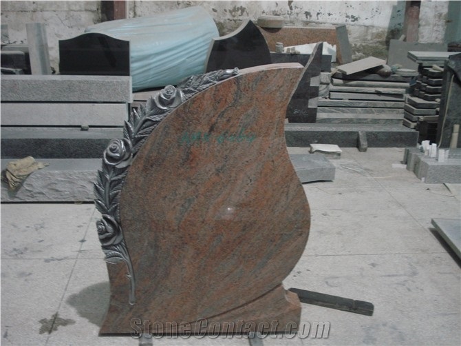 Leaf Shape Granite Headstone with Flower Carving,Multicolor Red Granite Tombstone