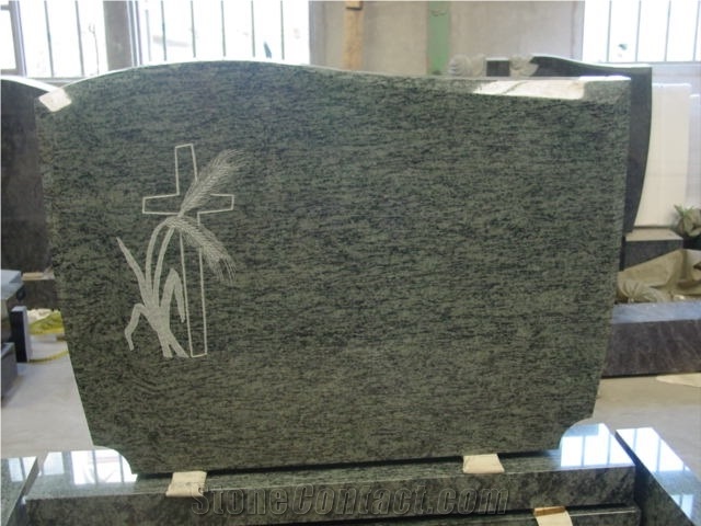 Light Green Granite Headstone with Cross Carving, Tombstone, Gravestone, Monument