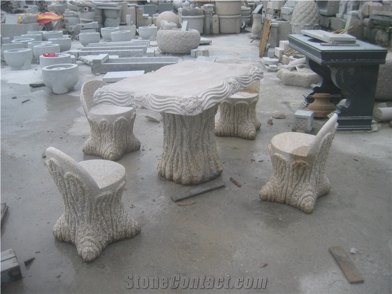 Morden Design Hand Carve G682 Granite Table with Benches, G682 Yellow Granite Benches