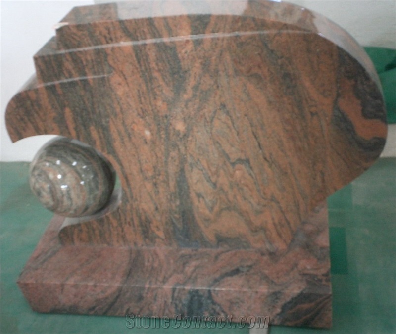 multicolor red granite upright tombstone with carving