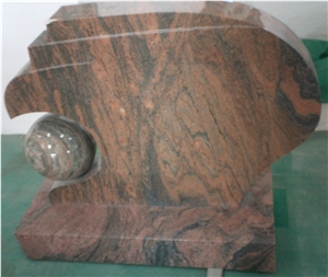 multicolor red granite upright tombstone with carving