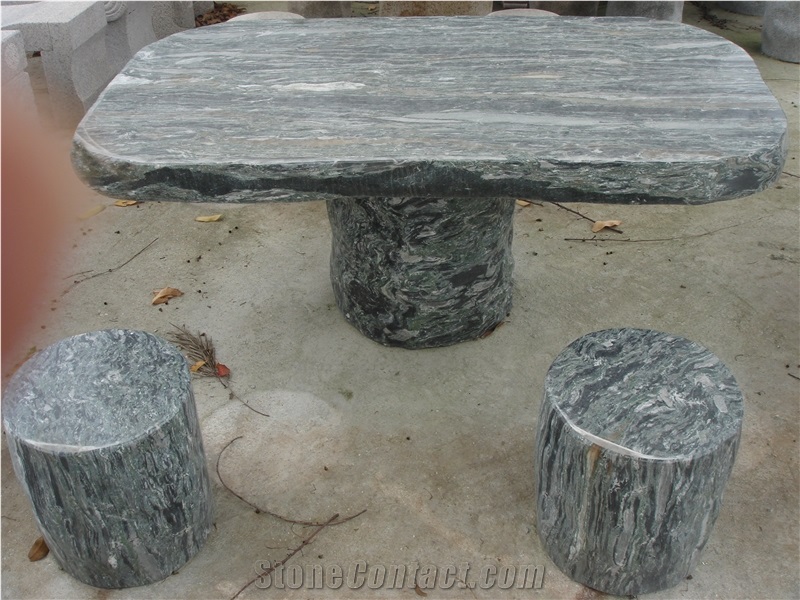 Whole Set Of Green Stone Table and Bench, Green Stone Granite Tables