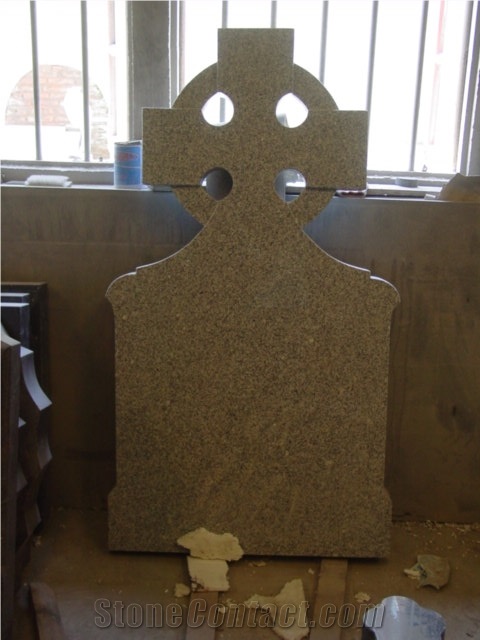Yellow Granite Irish Style Headstone, Yellow Cross Tombstone