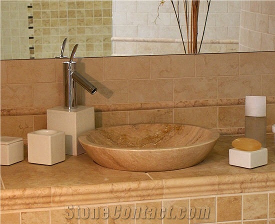 Armonica D 49 Travertino Vessel Sink, San Juan Beige Travertine Sinks
