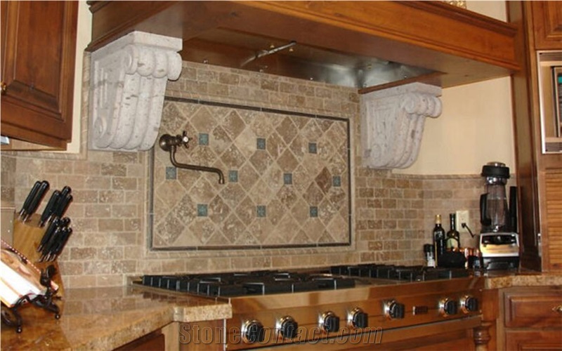 Crema Oro Viejo Travertine Mosaic Backsplash and Mondariz Granite Countertop 