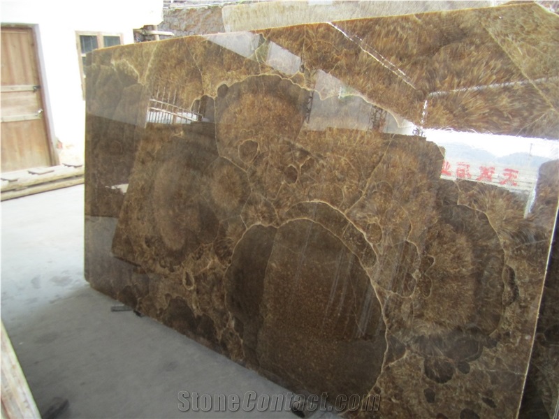 China Golden Brown Onyx Slab High Gloss Translucent Tile,Cafe Marron Onyx Panel for Hotel Bathroom Walling,Floor Covering