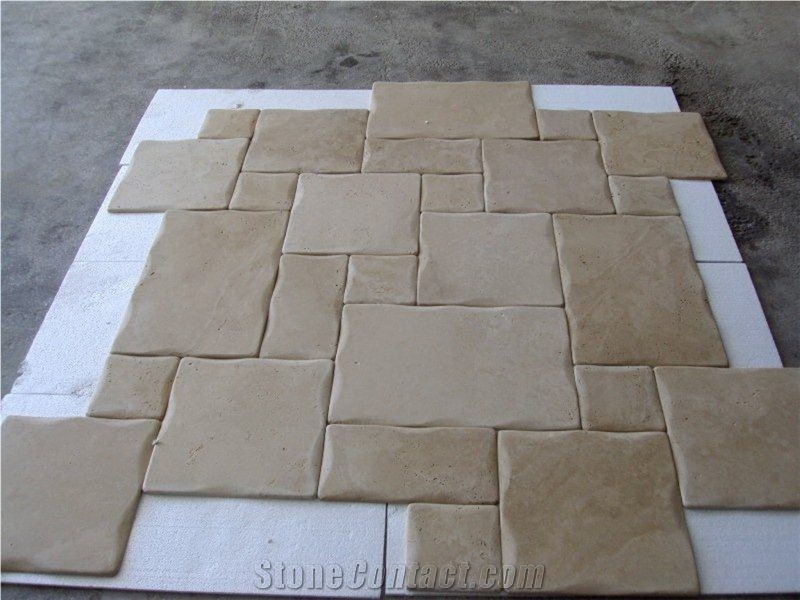 Ivory Travertine Pillow Edges Beige Travertine Flooring Pattern Tiles Antique Style Floor for Exterior Garden Opus Pattern