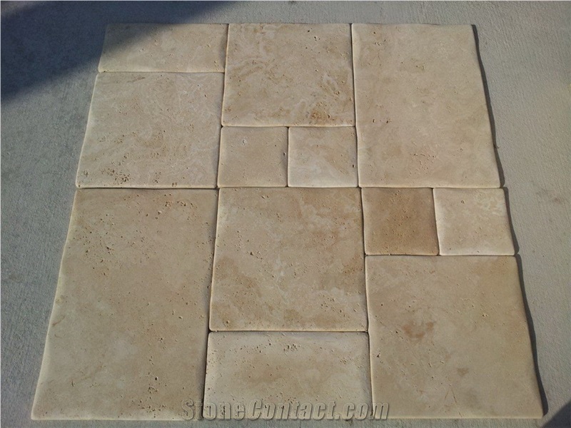 Ivory Travertine Pillow Edges Beige Travertine Flooring Pattern Tiles Antique Style Floor for Exterior Garden Opus Pattern
