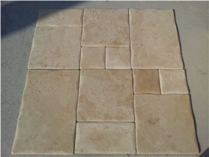 Ivory Travertine Pillow Edges Beige Travertine Flooring Pattern Tiles Antique Style Floor for Exterior Garden Opus Pattern
