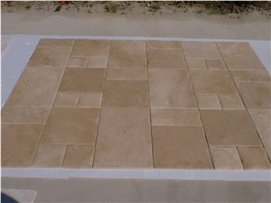 Ivory Travertine Pillow Edges Beige Travertine Flooring Pattern Tiles Antique Style Floor for Exterior Garden Opus Pattern