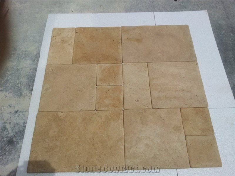 Ivory Travertine Pillow Edges Beige Travertine Flooring Pattern Tiles Antique Style Floor for Exterior Garden Opus Pattern