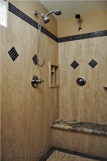 Light Travertine Shower Wall Vein Cut, Classic Light Beige Travertine Bath Design