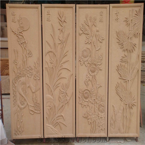 Beige Sandstone Wallest Relief,Flower Embossment