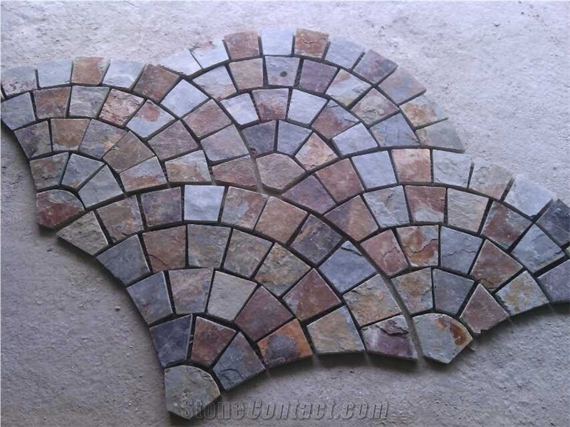 S015 Rusty Brown Slate Fan Shape Paving,Multi Color Slate Meshed Cobble and Cube Stone