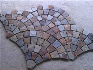 S015 Rusty Brown Slate Fan Shape Paving,Multi Color Slate Meshed Cobble and Cube Stone
