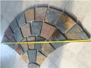 S015 Rusty Brown Slate Fan Shape Paving,Multi Color Slate Meshed Cobble and Cube Stone