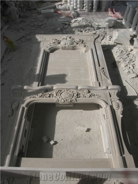 Double Fireplace Surrounding, White Beige Travertine Fireplace
