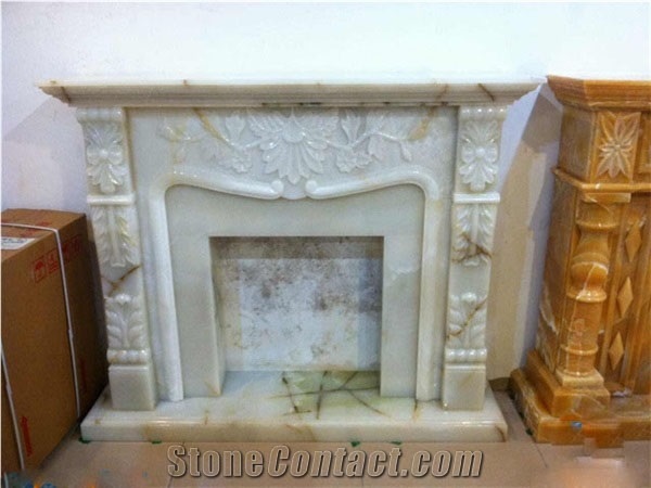 China White Onyx Fireplace Mantel Flower Sculptured/Carving,White Onyx Fireplace Insert
