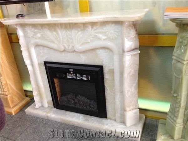 China White Onyx Fireplace Mantel Flower Sculptured/Carving,White Onyx Fireplace Insert