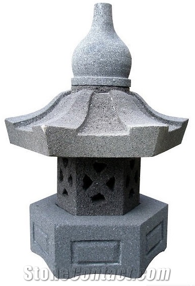 Hand Carved Lava Stone Hexagonal Japanese Lantern