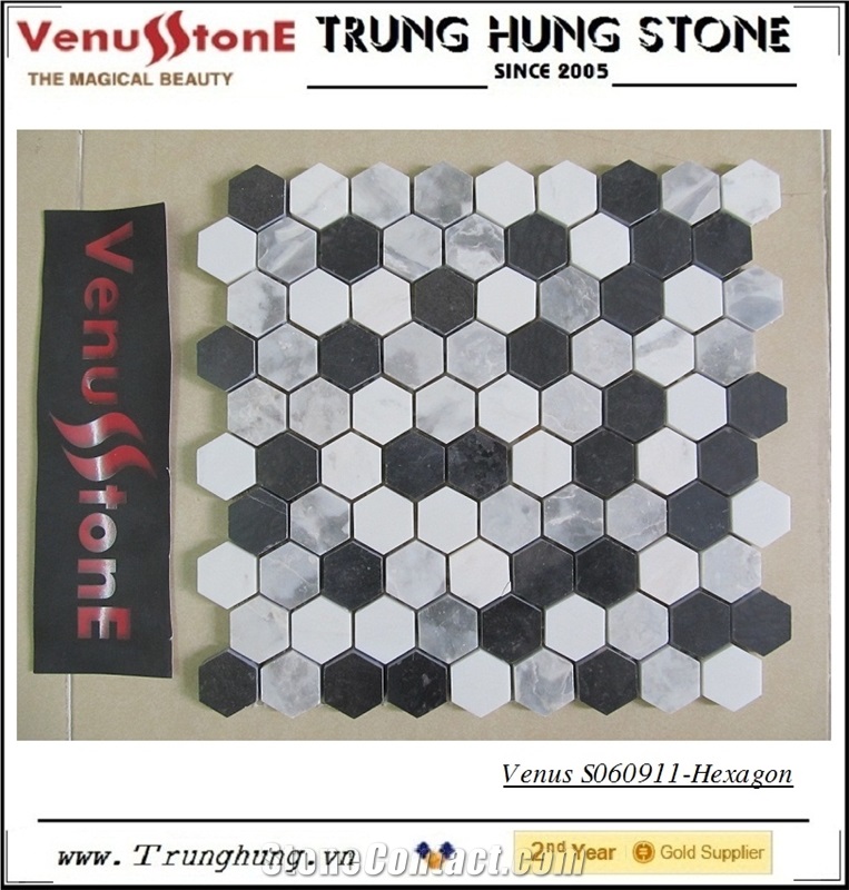 1.18 Black Grey White Marble Hexagon Mosaic Tile Polished