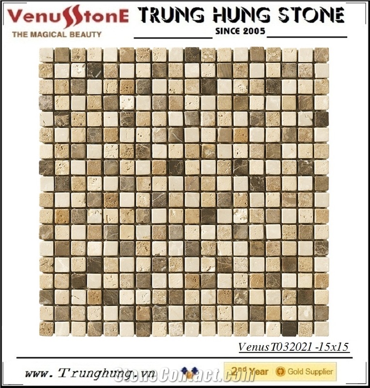 Beige Carpet Marble + Crema Marfil Marble + Dark Emperador 15*15 Multicolor Tumbled Marble Mosaic Tiles