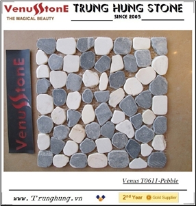 Black and White Marble Pebble Mosaic, Milky White + Black Marble Pebble Mosaic