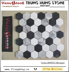 Black Grey White Hexagon Marble Mosaic Tile Polished