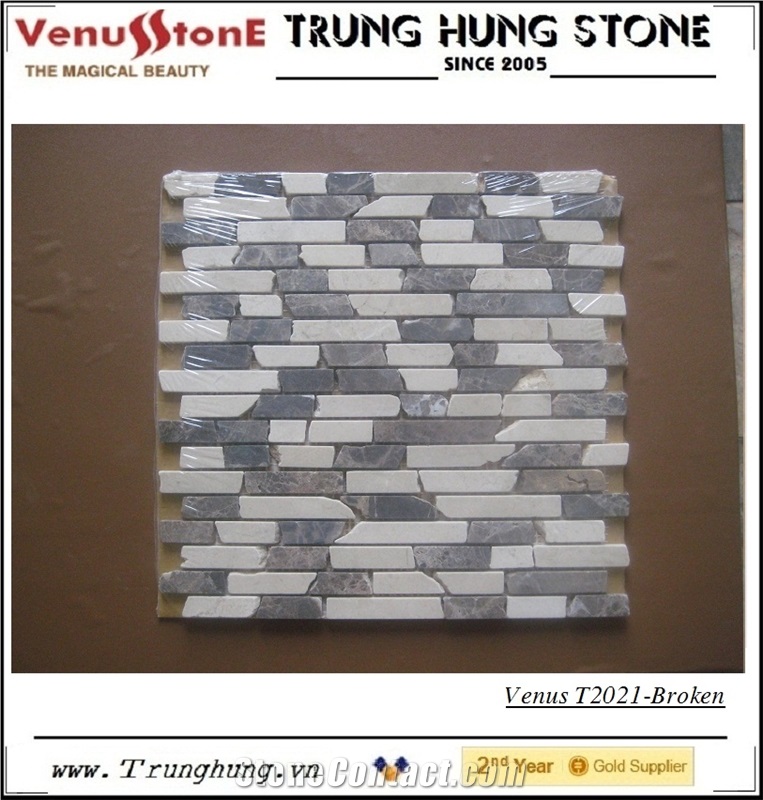 Crema Marfil + Dark Emperador Broken Edge Marble Mosaic Tiles