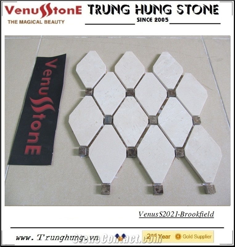 Crema Marfil Diamond Marble Mosaic Tile Polished with Dark Emperador Dots