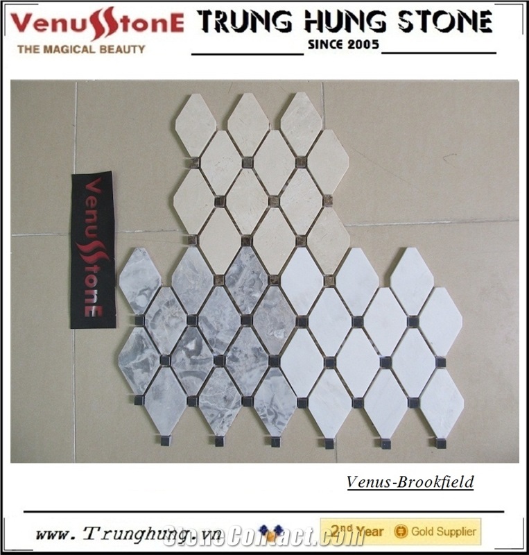 Crema Marfil Diamond Marble Mosaic Tile Polished with Dark Emperador Dots