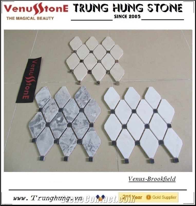 Crema Marfil Diamond Marble Mosaic Tile Polished with Dark Emperador Dots