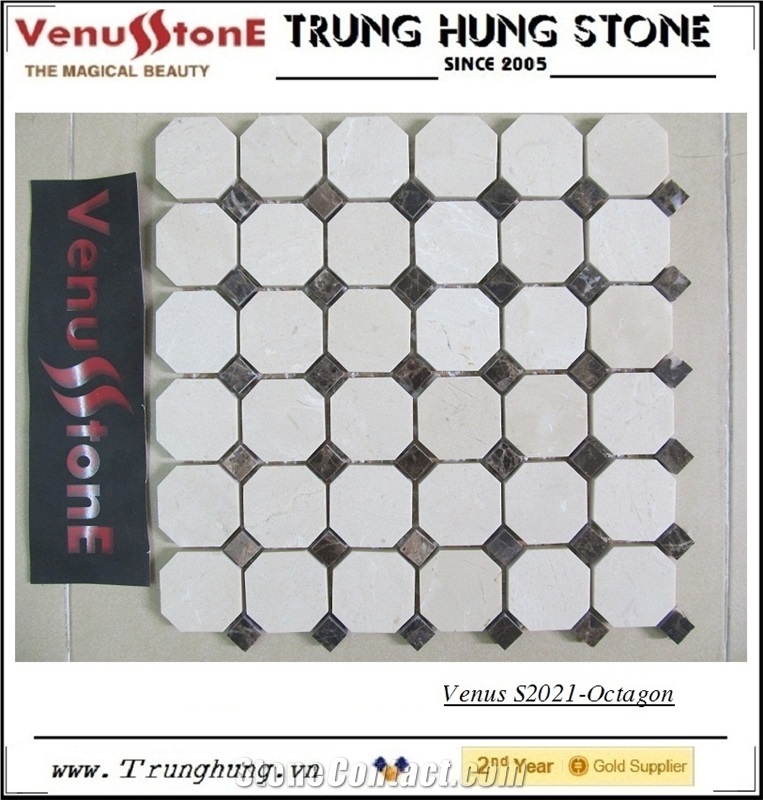 Crema Marfil Octagon Marble Mosaic Tile Polished with Dark Emperador Dots