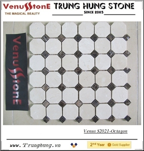 Crema Marfil Octagon Marble Mosaic Tile Polished with Dark Emperador Dots