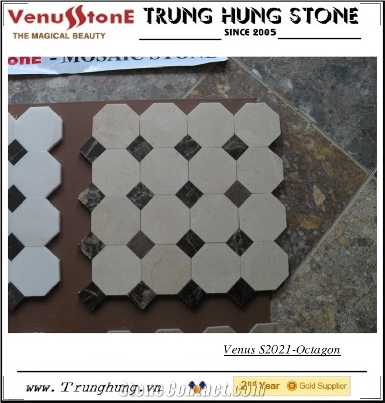 Crema Marfil Octagon Marble Mosaic Tile Polished with Dark Emperador Dots