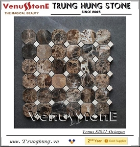 Dark Emperador Octagon Marble Mosaic Tile Polished with White Dots