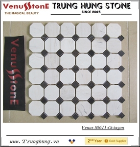 ietnam Milky White Octagon Marble Mosaic Tile Polished with Black Dots