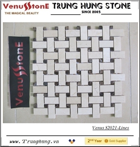 Polished Crema Marfil Marble Basket Weave Mosaic Tiles     
