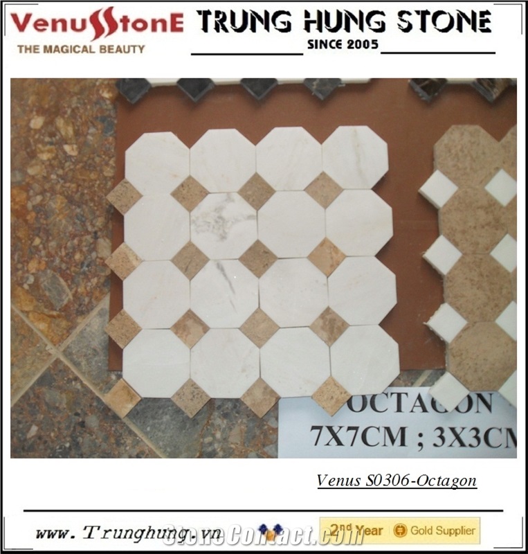 Vietnam Beige Carpet Octagon Marble Mosaic Tile Polished with White Dots