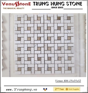 Vietnam White Marble Polished Pinwheel Mosaic Tile with Biege Dots Vietnam White Marble Polished Pinwheel Mosaic Tile with Biege Dots